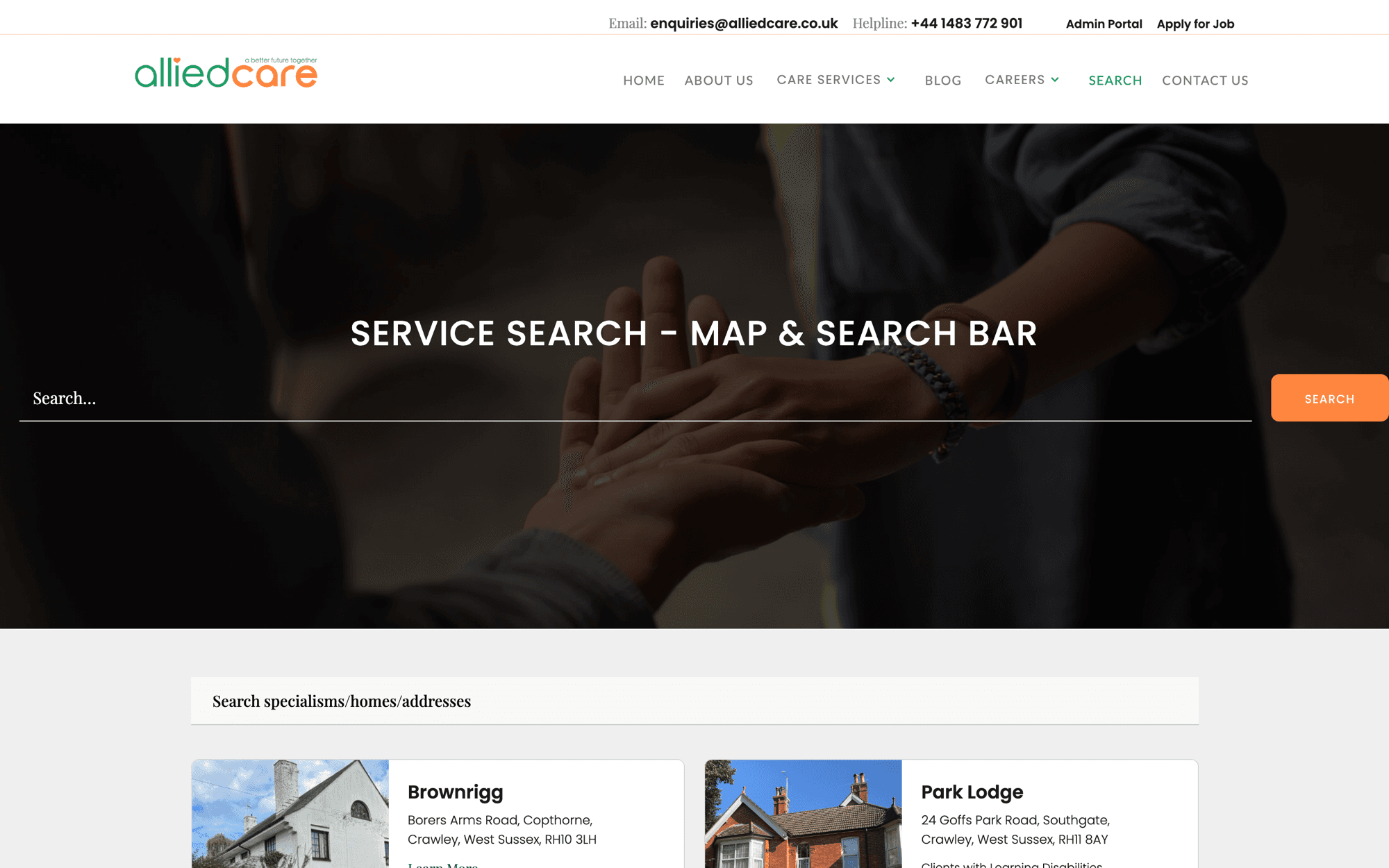 Allied Care service search with a list of care homes and addresses