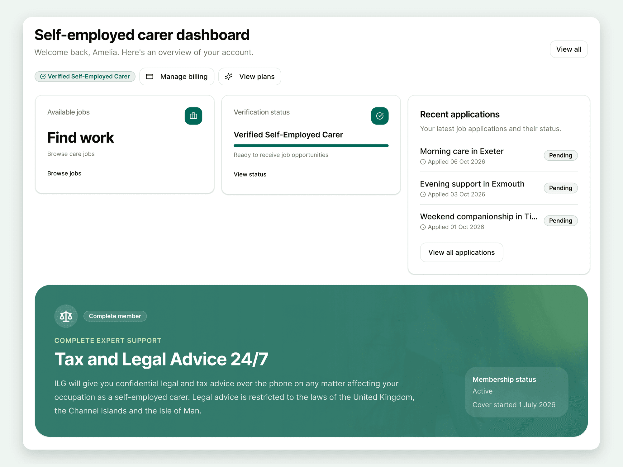 Self-employed carer dashboard with verification status and recent applications