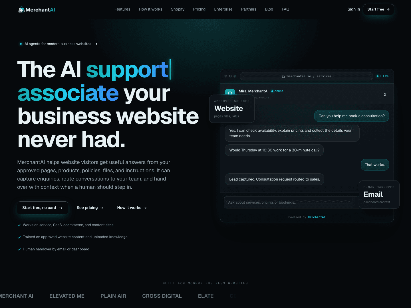 Merchant AI homepage with a live chat assistant capturing a lead