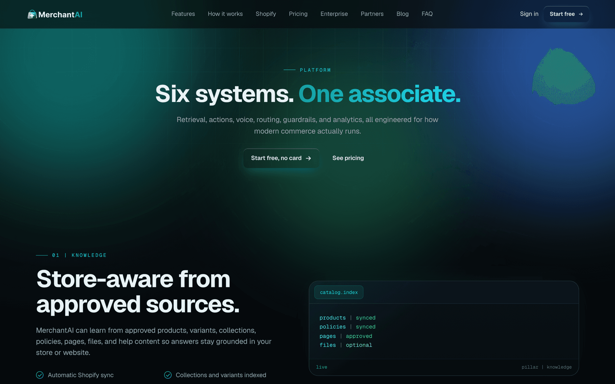 Merchant AI platform page: retrieval, actions, routing, guardrails and analytics