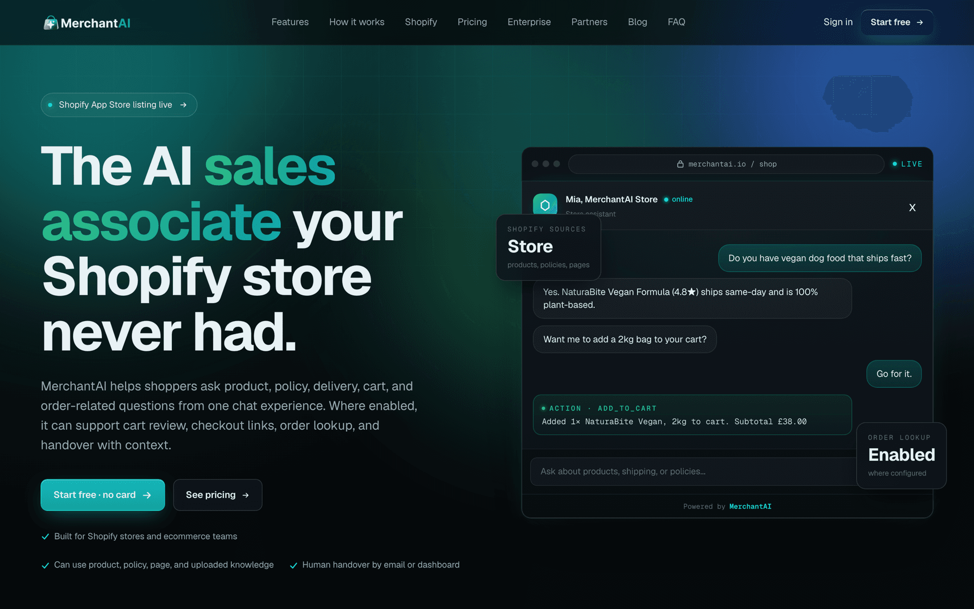 Merchant AI for Shopify: the assistant answering a product question and adding an item to the cart