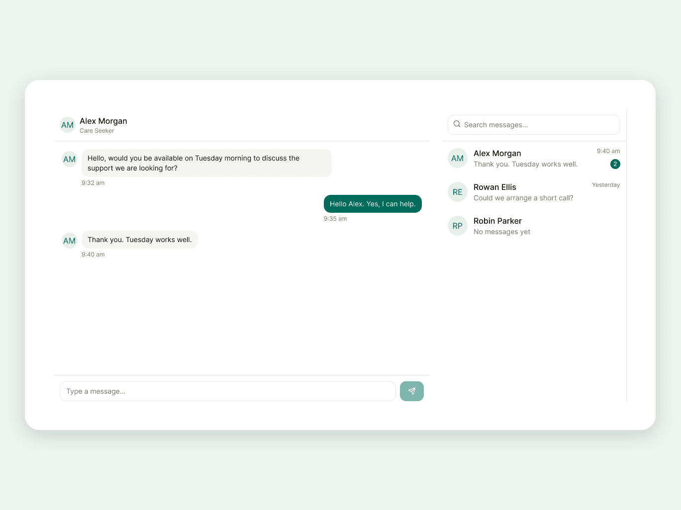 Messaging between a care seeker and a carer