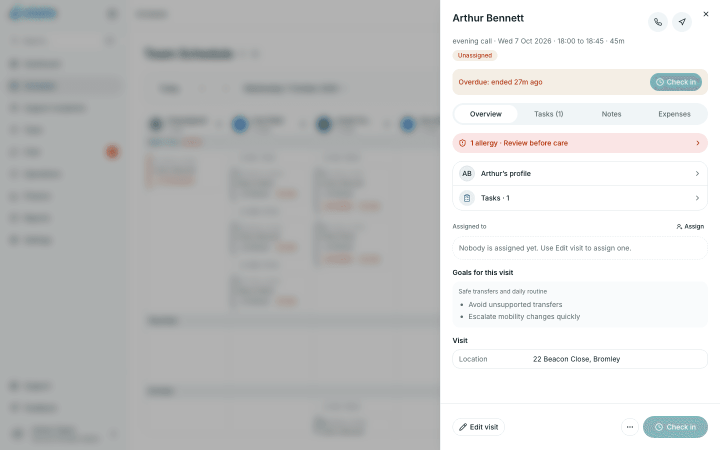 Elate visit sheet with allergy warning, tasks, goals and check-in