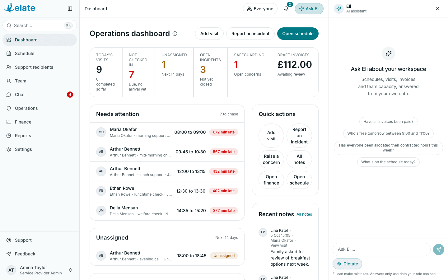 Eli, the Elate AI assistant, open beside the operations dashboard