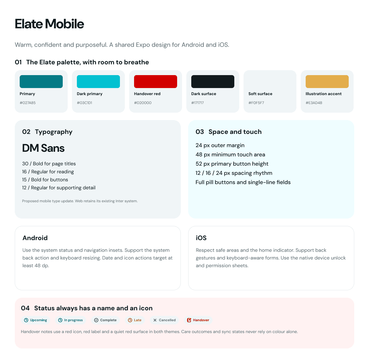 Elate mobile design foundations in Figma: palette, typography, touch targets and status labels