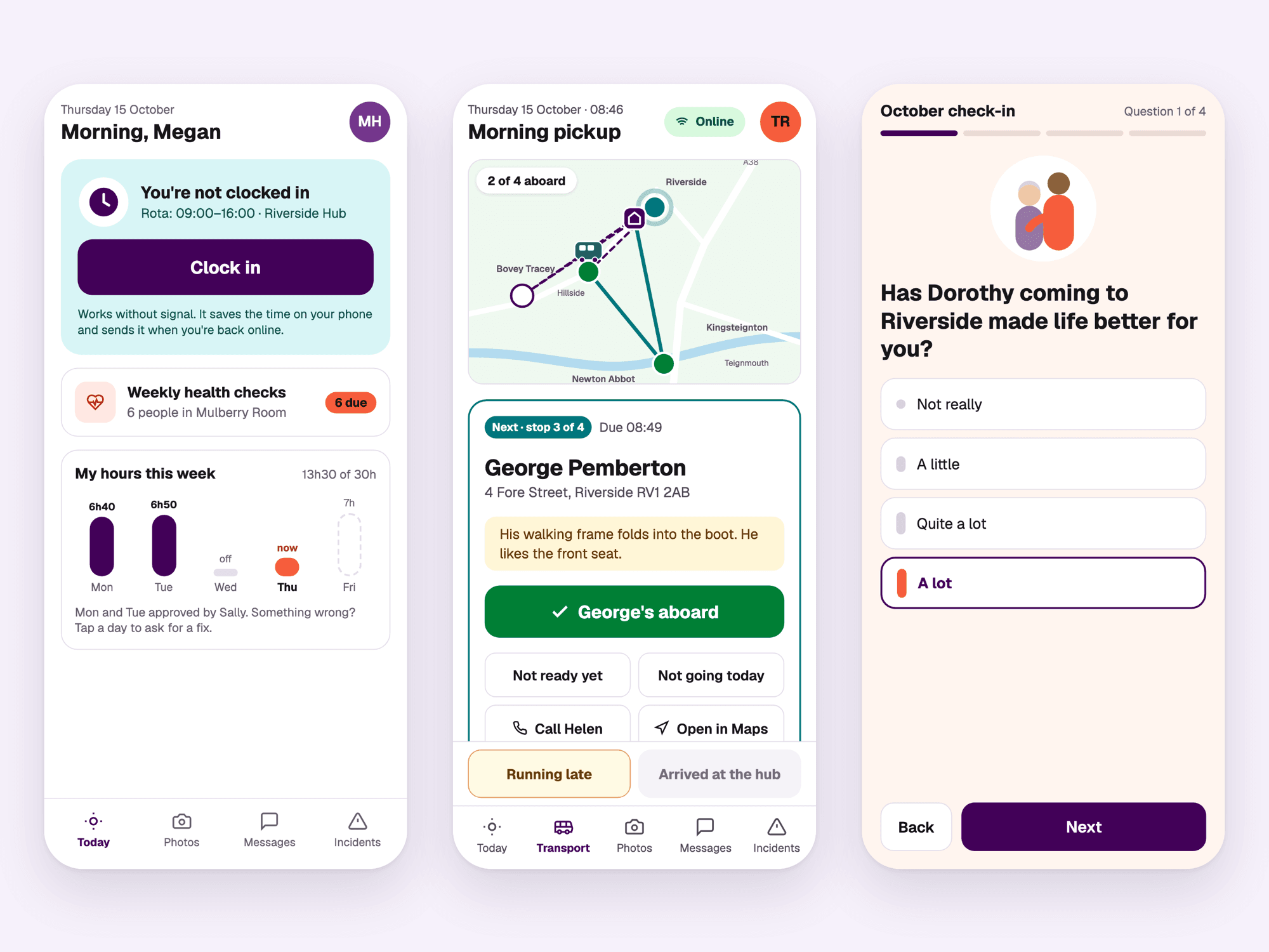 Welday staff and family apps on three phones: clocking in, transport pickup and a family check-in
